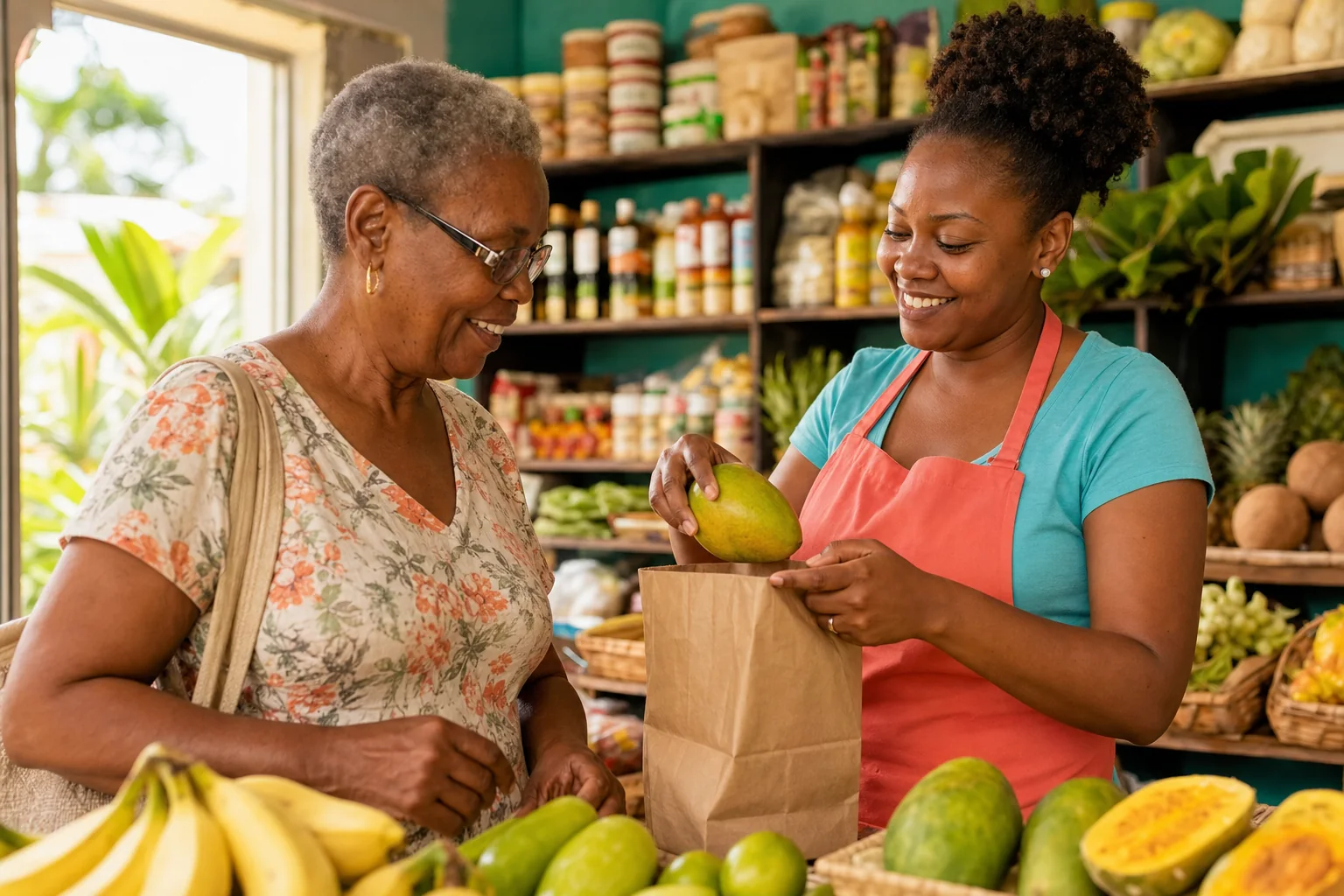 Grocer in a coral apron helping an older customer choose fresh fruit and pack a grocery bag