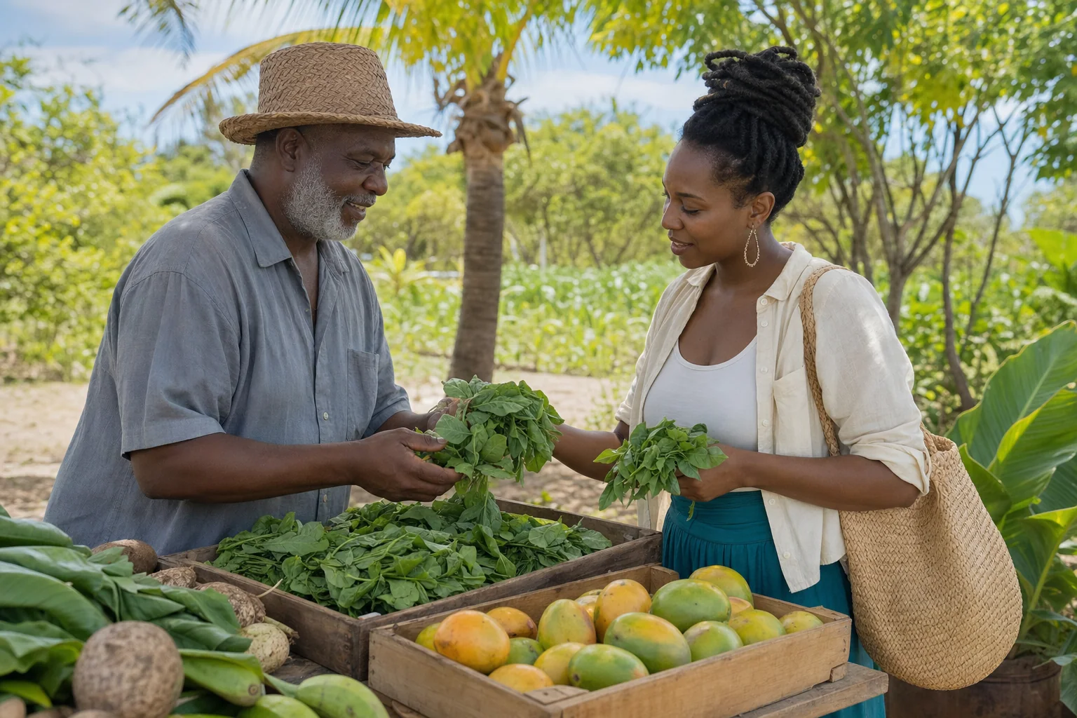 Farmer and grocer selecting callaloo greens and mangoes together at a tropical farm stand