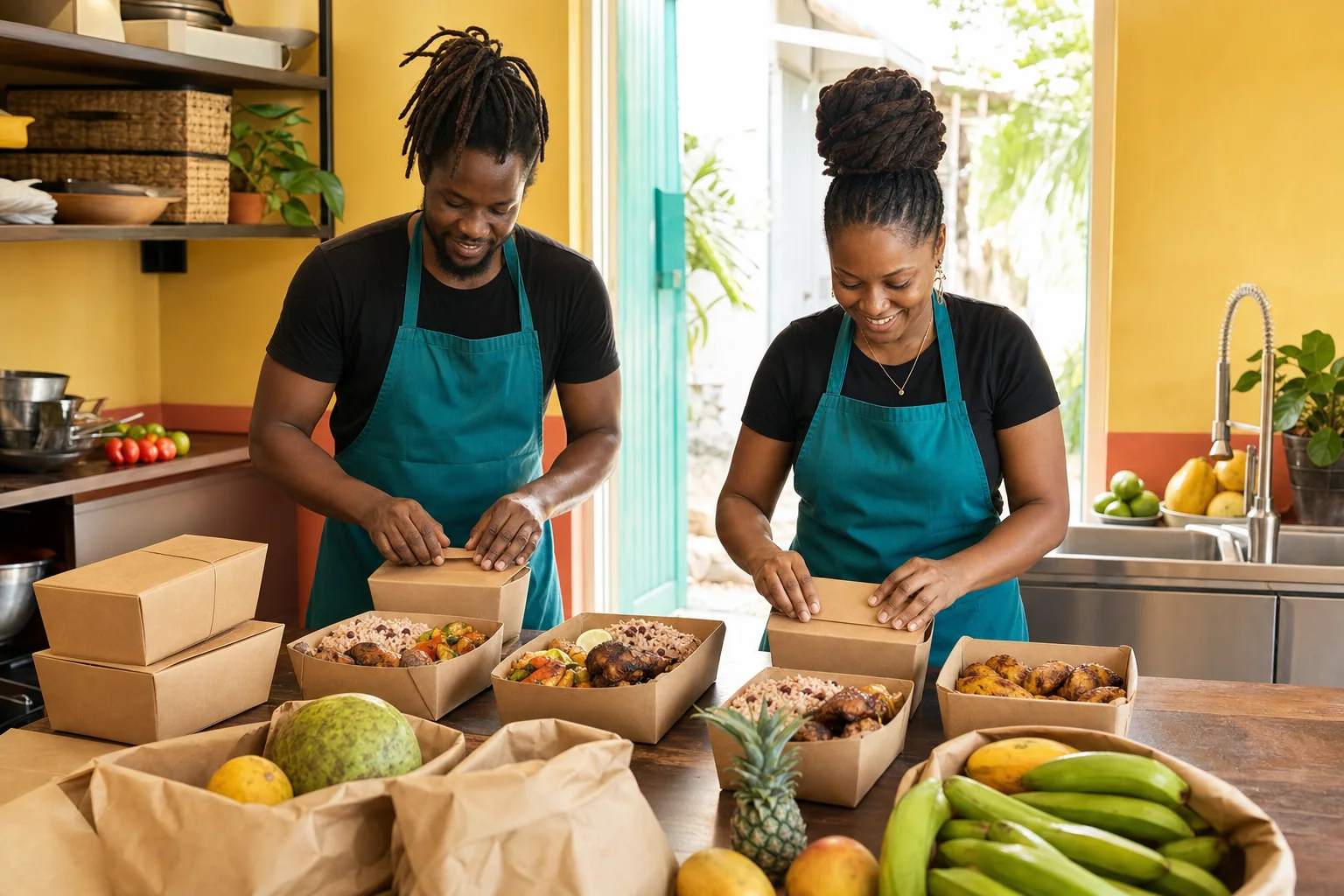 Two grocery team members packing Caribbean prepared food and tropical produce for catering and delivery