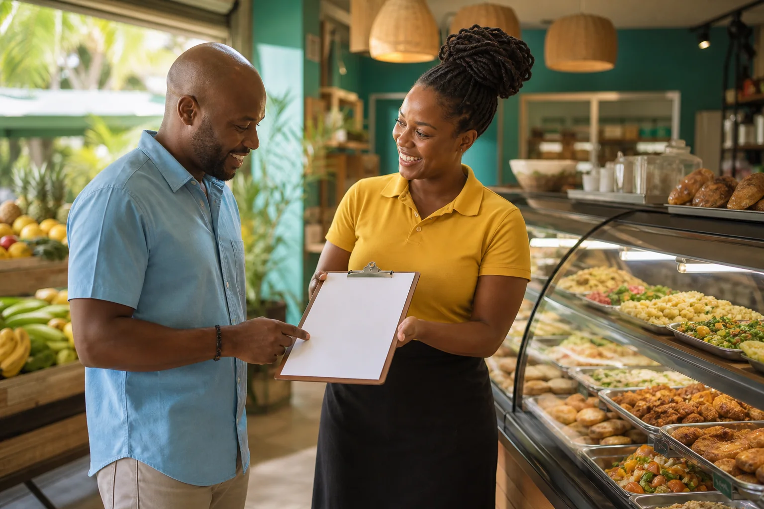 Grocery staff member and customer reviewing a blank catering planning sheet beside a prepared-food counter