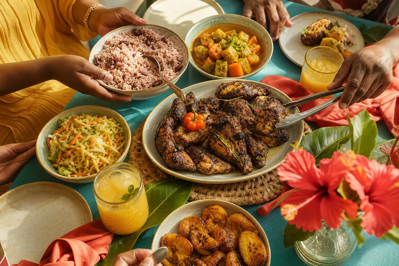 Family hands sharing jerk chicken, rice and peas, plantains, vegetables, and tropical drinks on a colorful table