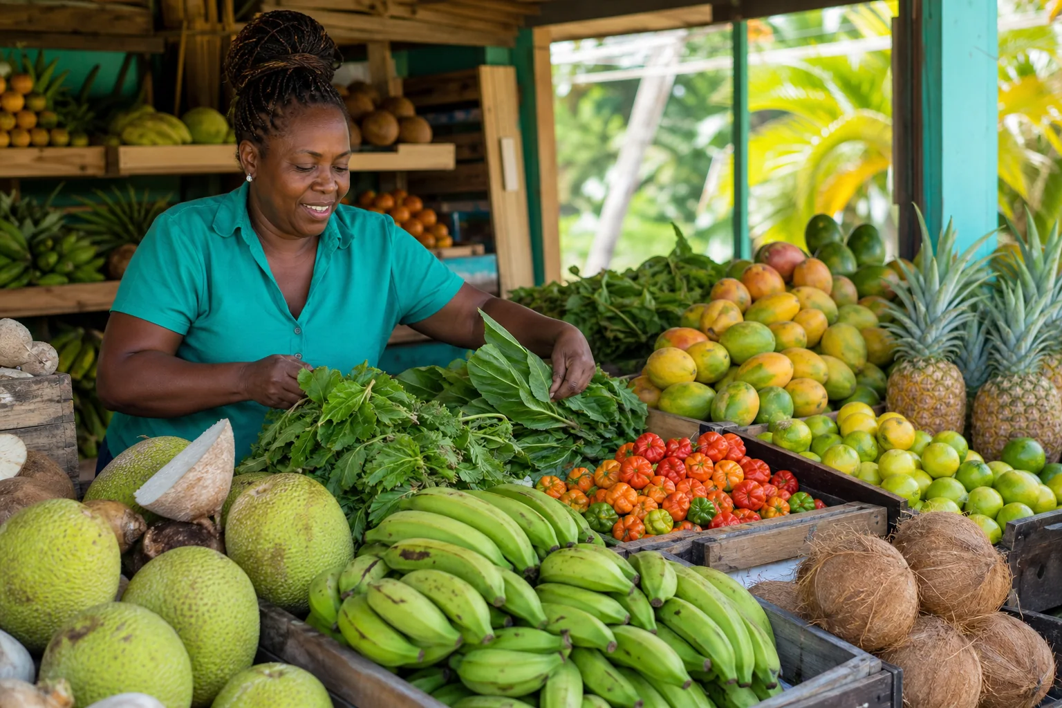 Grocer arranging callaloo, plantains, mangoes, pineapples, breadfruit, and coconuts at a Caribbean produce stand