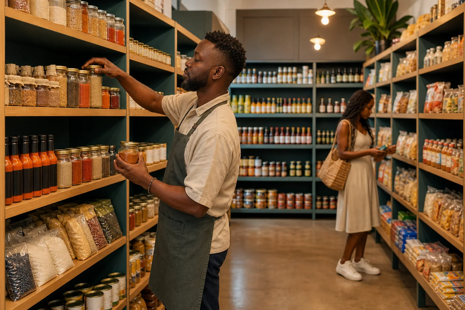 Grocer stocking jars and pantry staples along teal shelves while a customer browses