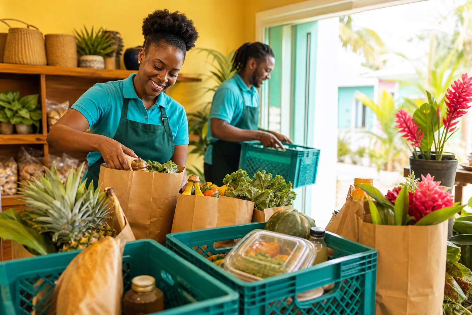 Two grocery team members organizing kraft bags and teal crates filled with produce and prepared food for pickup